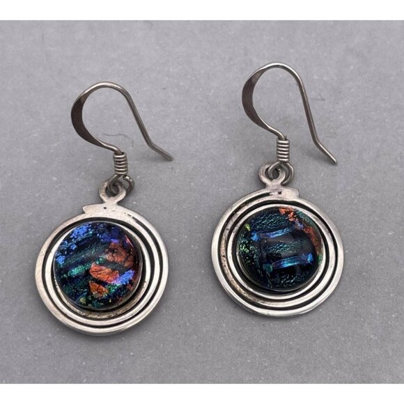 925 Sterling Silver Round Dichroic Glass Dangle Drop Earring Hook Closure - Picture 4 of 11